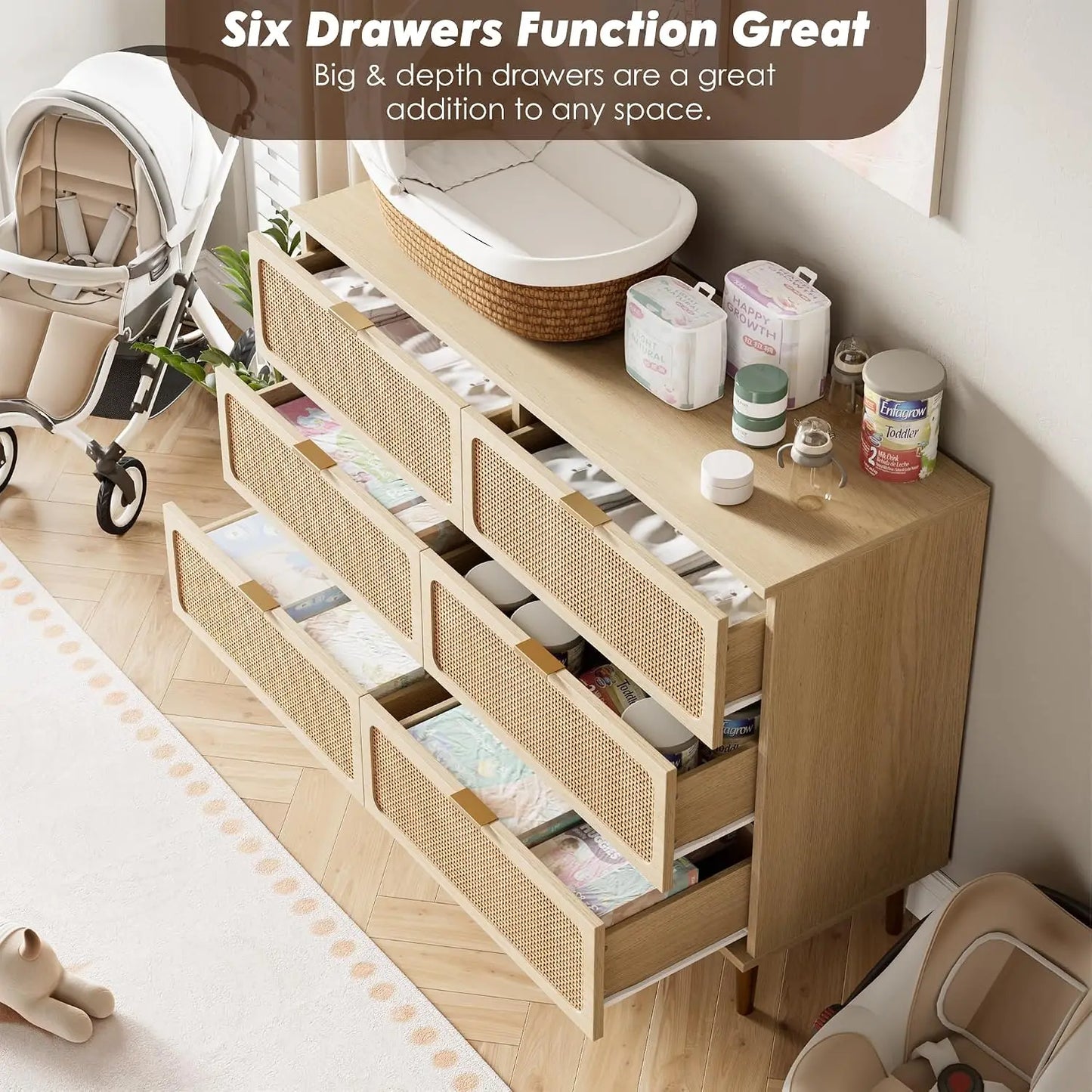 Natural Rattan Six Drawer Wooden Dresser Storage Cabinet