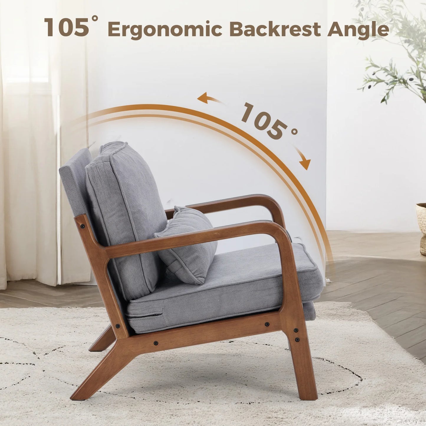 JHK Mid Century Modern Solid Wood Armchair With Upholstered Cushion