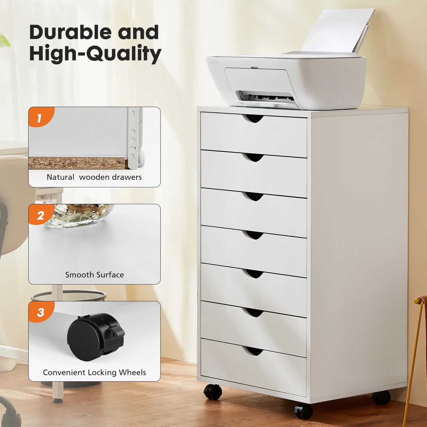 Jhk 7 Drawer Wooden Rolling Nightstand And Storage Cabinet