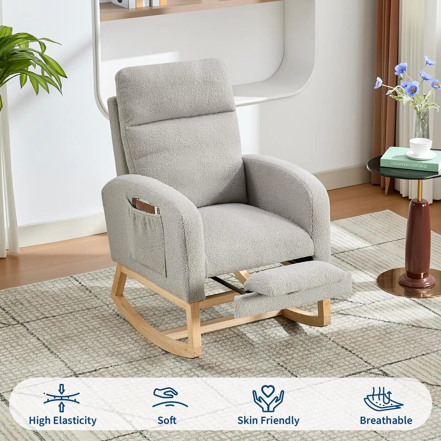 Modern Teddy Upholstered Rocking Chair With Footrest And Side Pocket