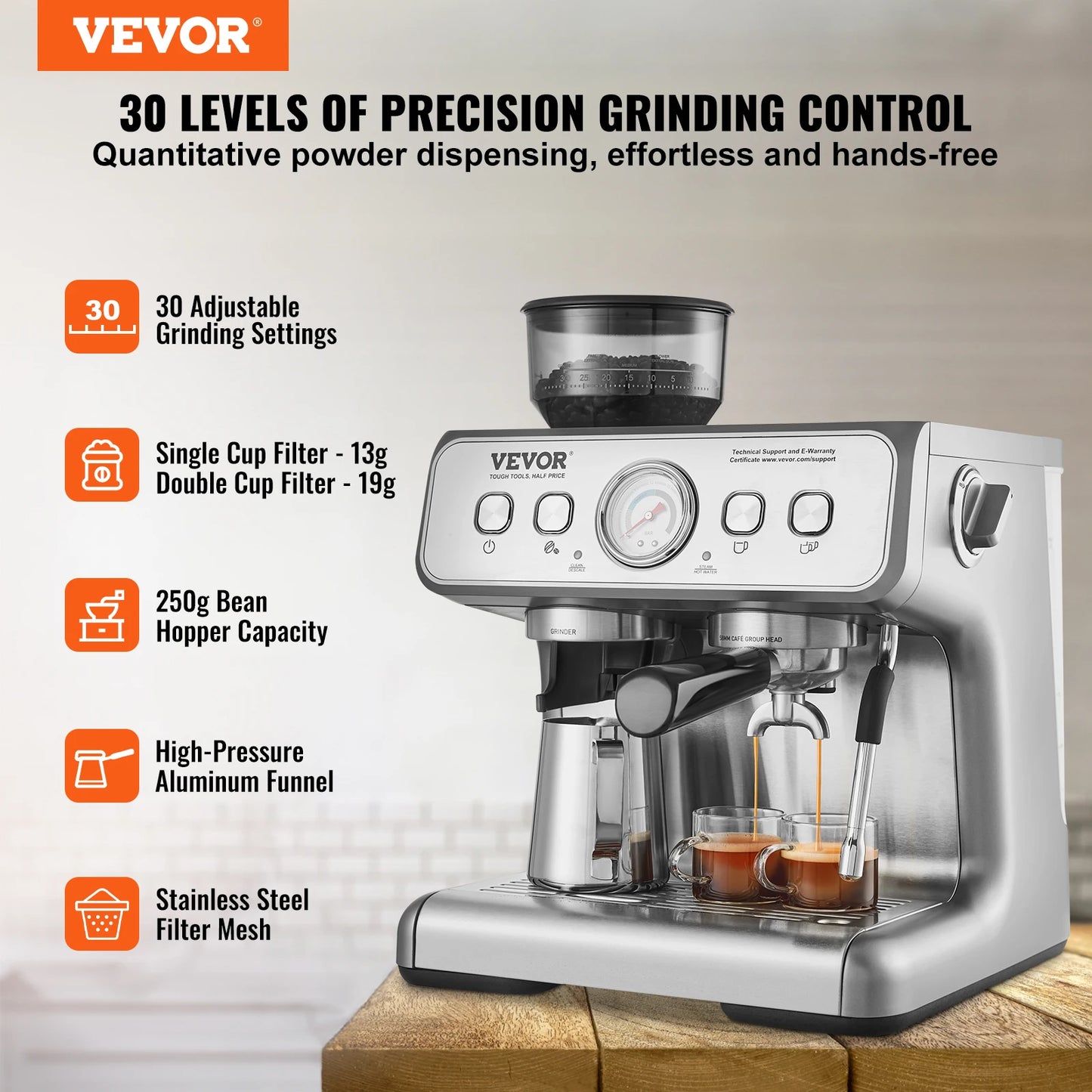 Vevor Semi Automatic Espresso Machine With Built In Grinder