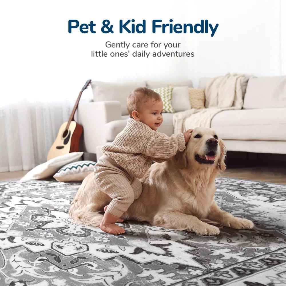 Floral Medallion Nylon Washable Area Rug With Non Slip Backing