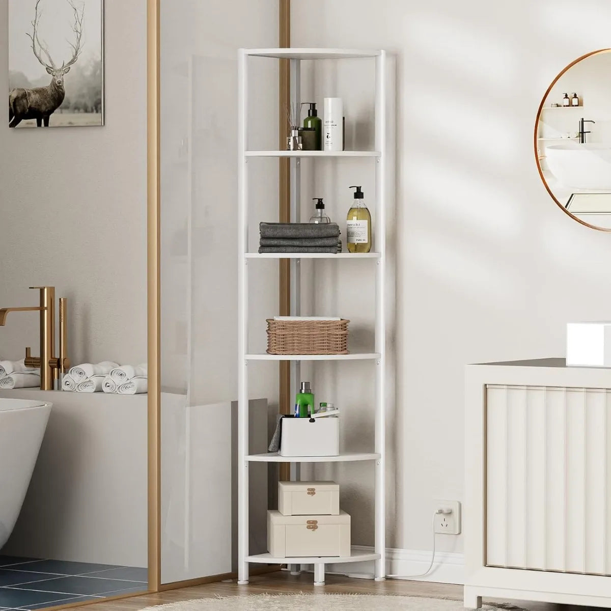 XIUWO Wooden Corner Shelf With LED Light Storage Bookshelf Organizer
