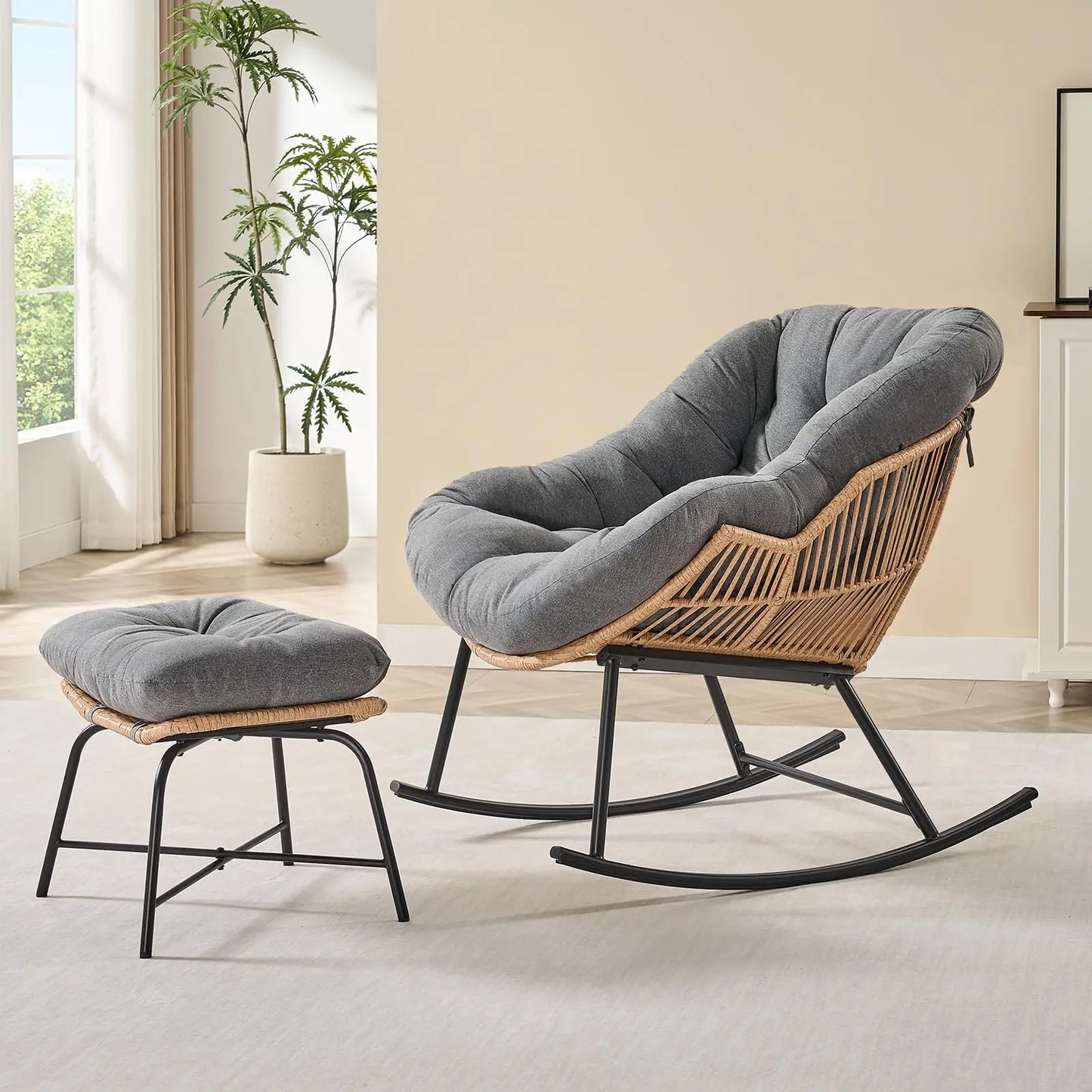 Onbrill Oversized Wicker Rattan Papasan Rocking Chair