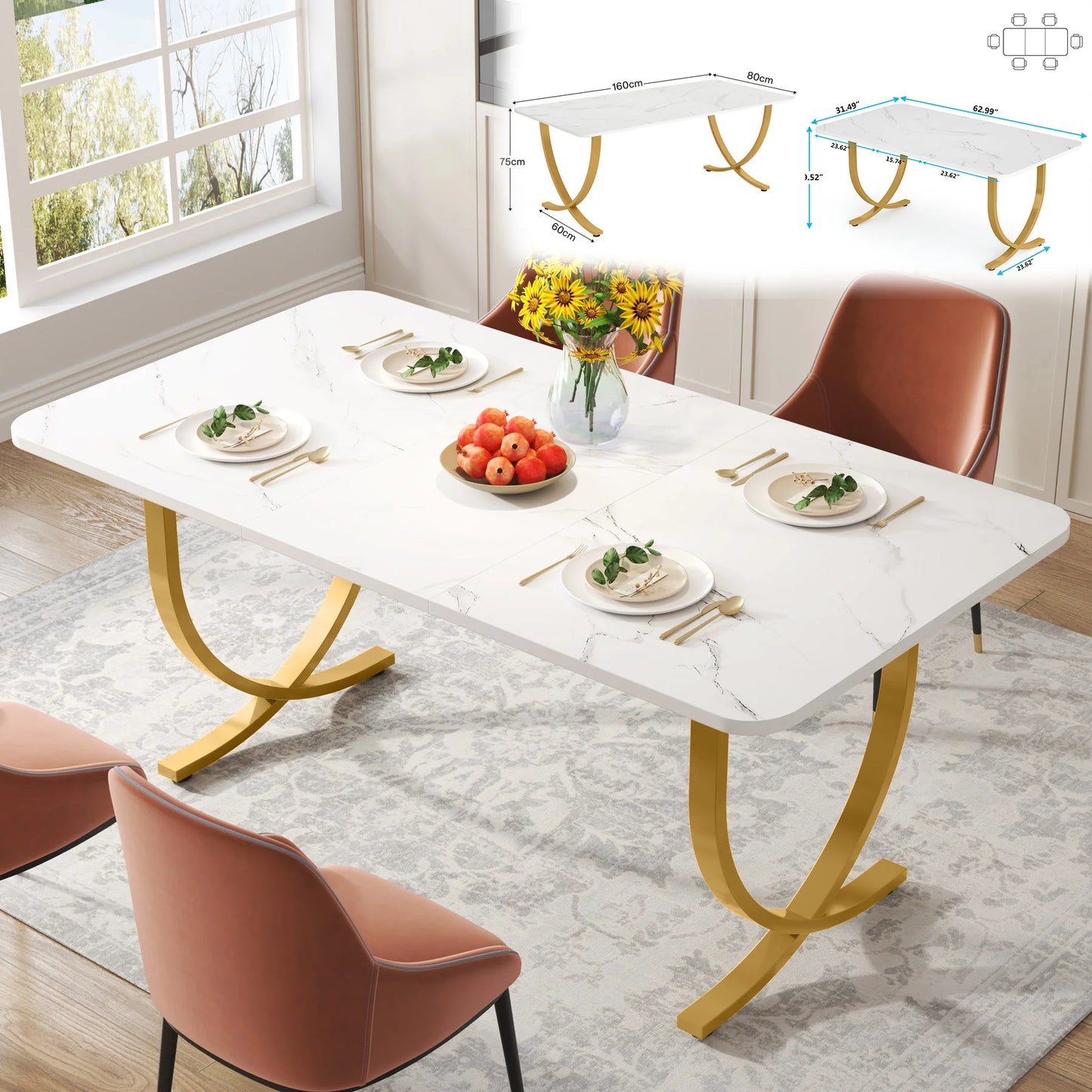 Tribesigns Modern Rectangular Kitchen Dining Table With Faux Marble Top