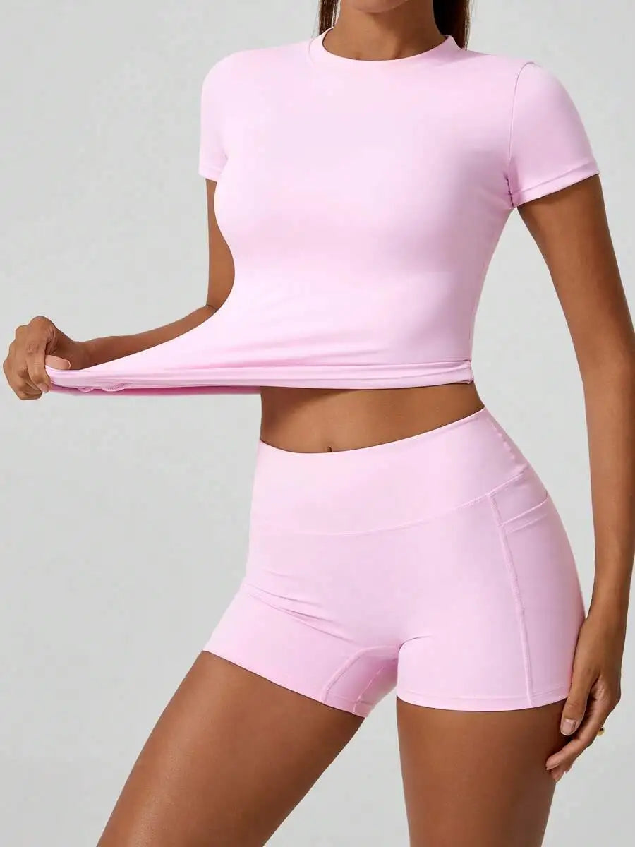 Women's Seamless Yellow Yoga Shorts Set With High Waist