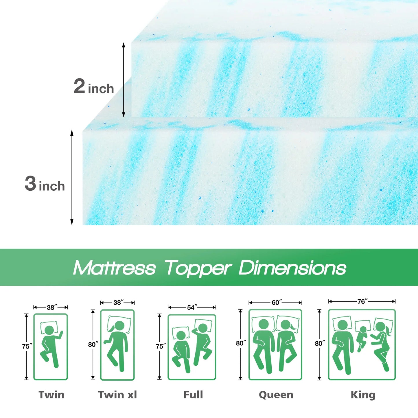 Jhk 2 Inch Gel Memory Foam Mattress Topper