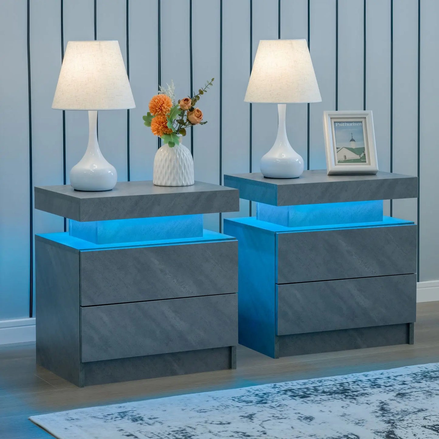 Cubehom Set Of 2 Modern Led Nightstand With Drawers
