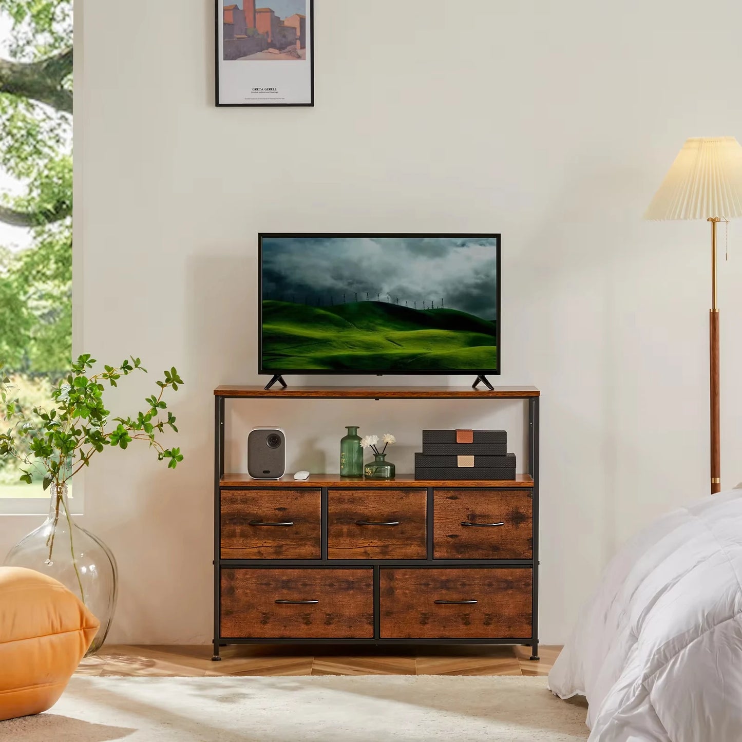 Jhk Modern TV Stand Dresser With Five Fabric Drawers And Storage