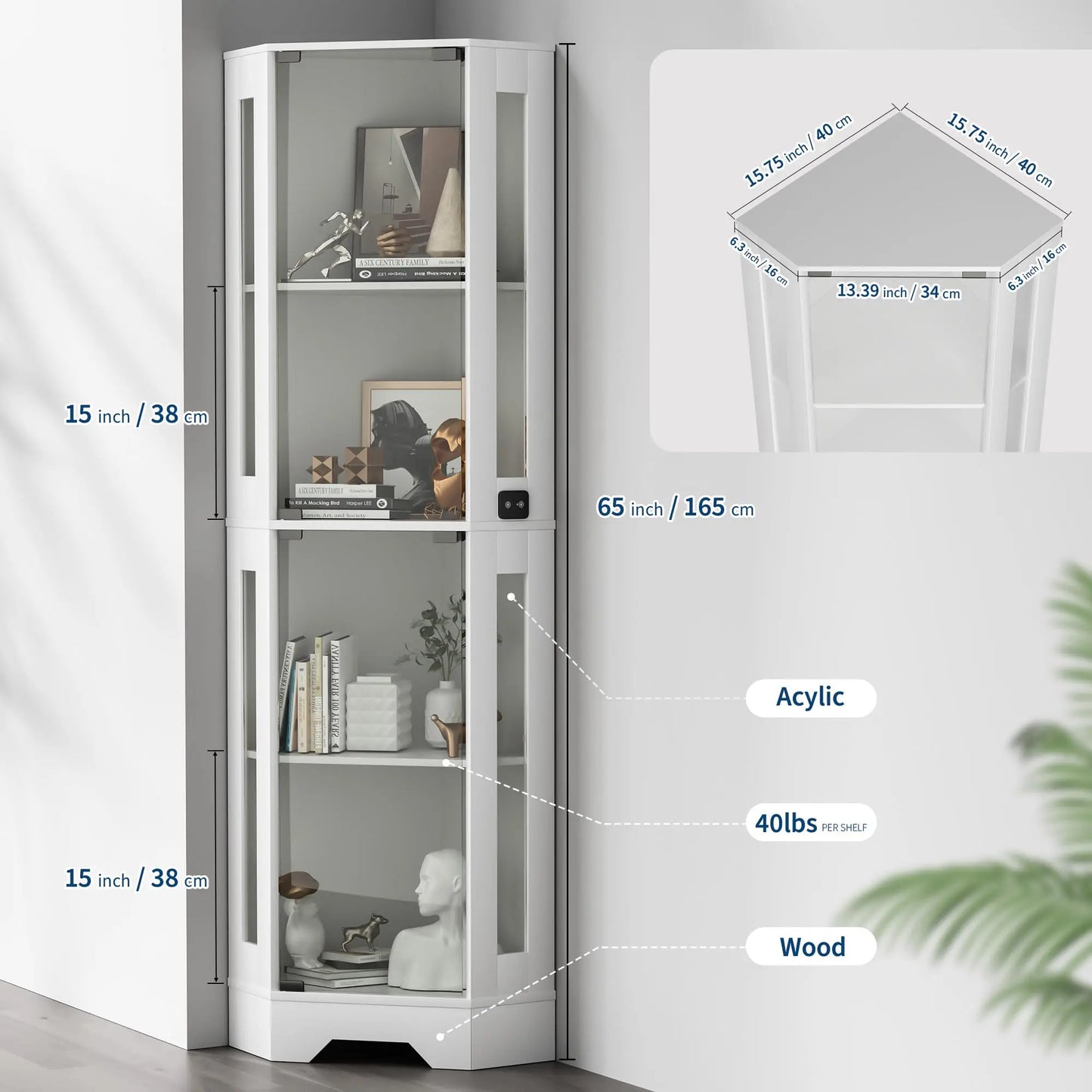 HiMISS Modern Glass Corner Display Cabinet With Lighted Shelves