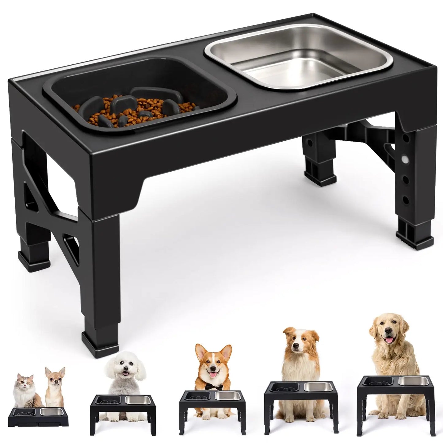 Elevated Slow Feeder Dog Bowls Adjustable Stainless Steel Food Water