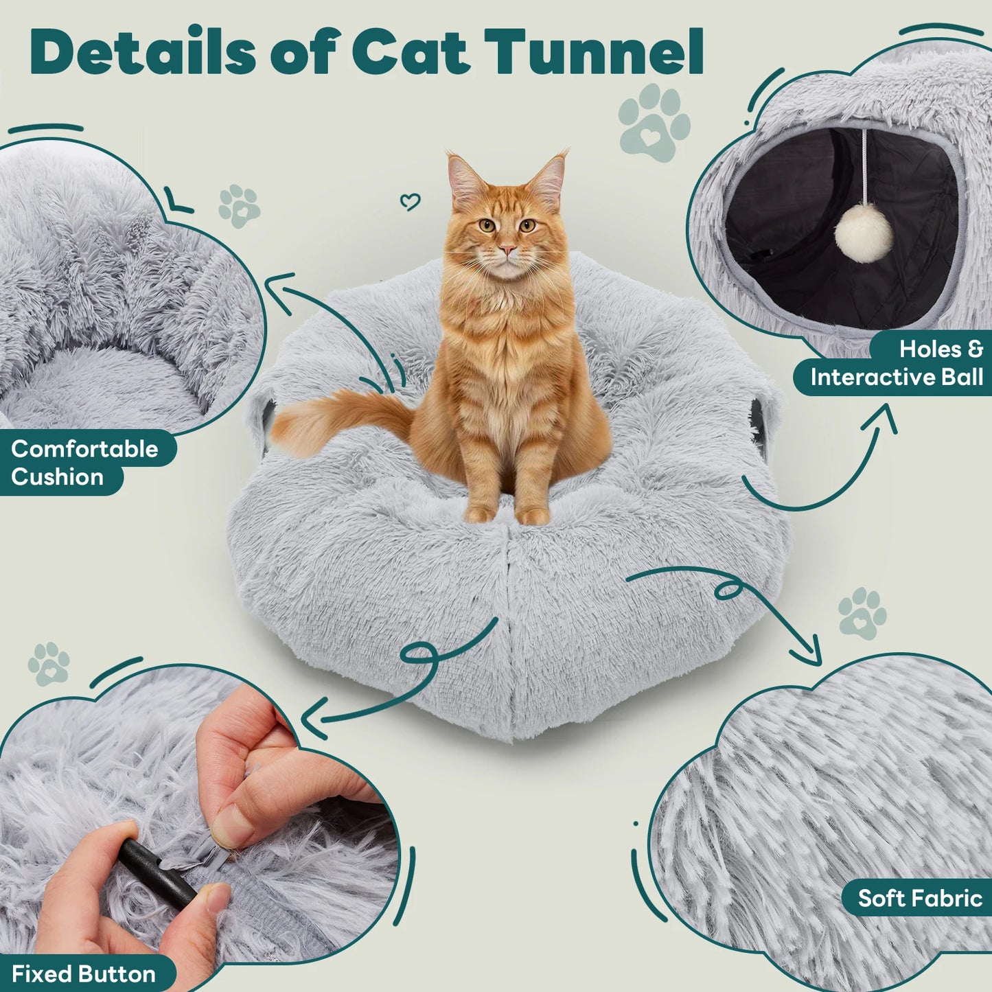 JHK Soft Plush Cat Tunnel Bed Indoor Washable Multifunctional Villa