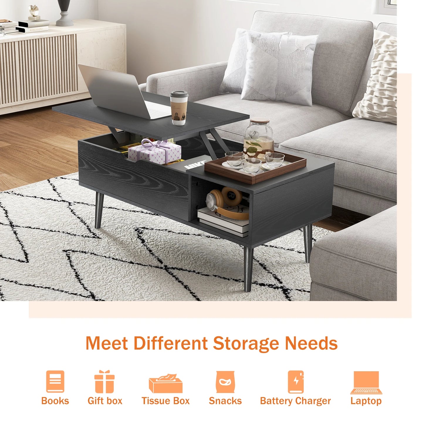 JHK Wood Lift Top Coffee Table Storage Shelf Living Room