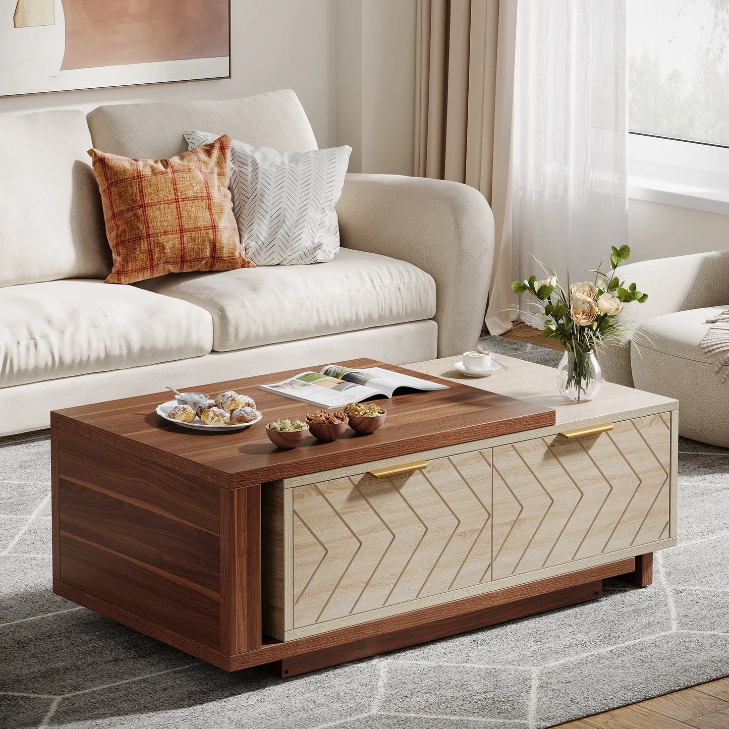 Tribesigns Extendable Wood Coffee Table With Storage Drawers