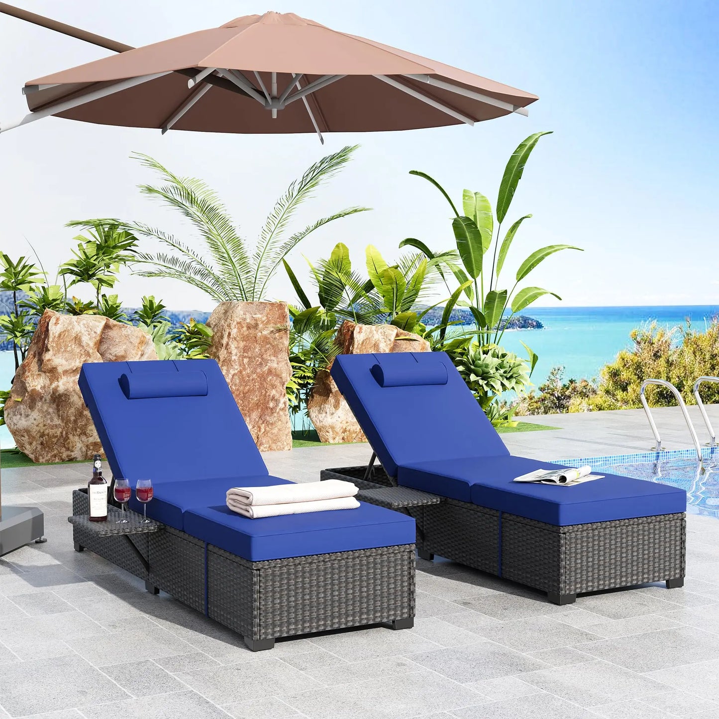 Modern Outdoor Rattan Chaise Lounge Set With Washable Cushions