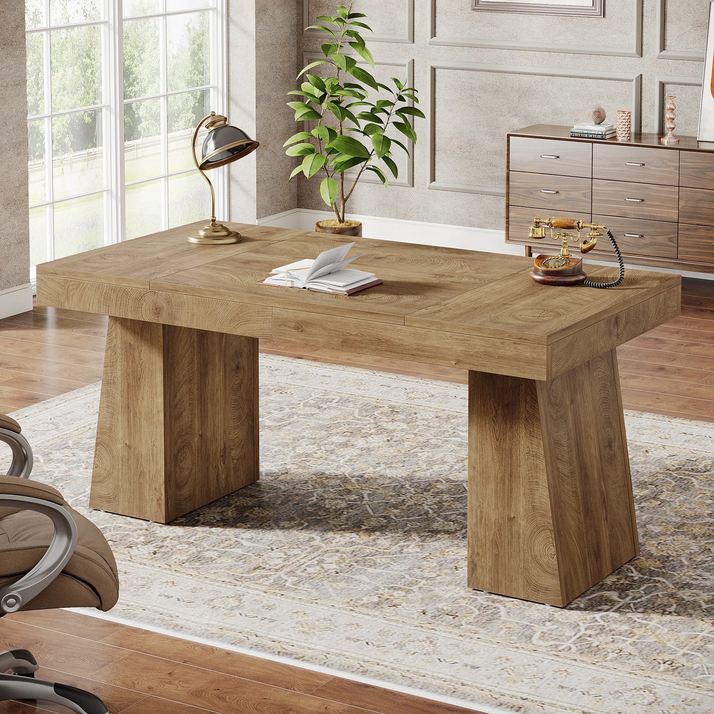 Tribesigns Executive Wood Office Computer Desk Dual Pedestal Modern Workstation
