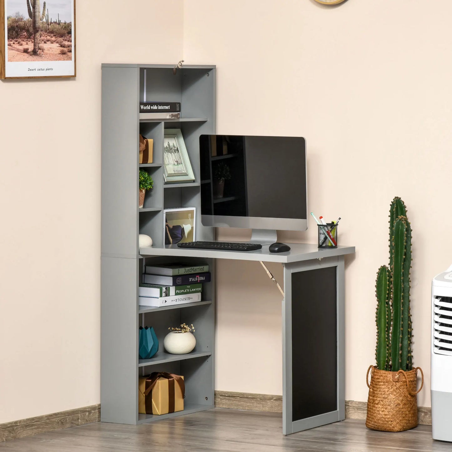Homcom Convertible Wall Mount Office Desk With Blackboard Side Shelf