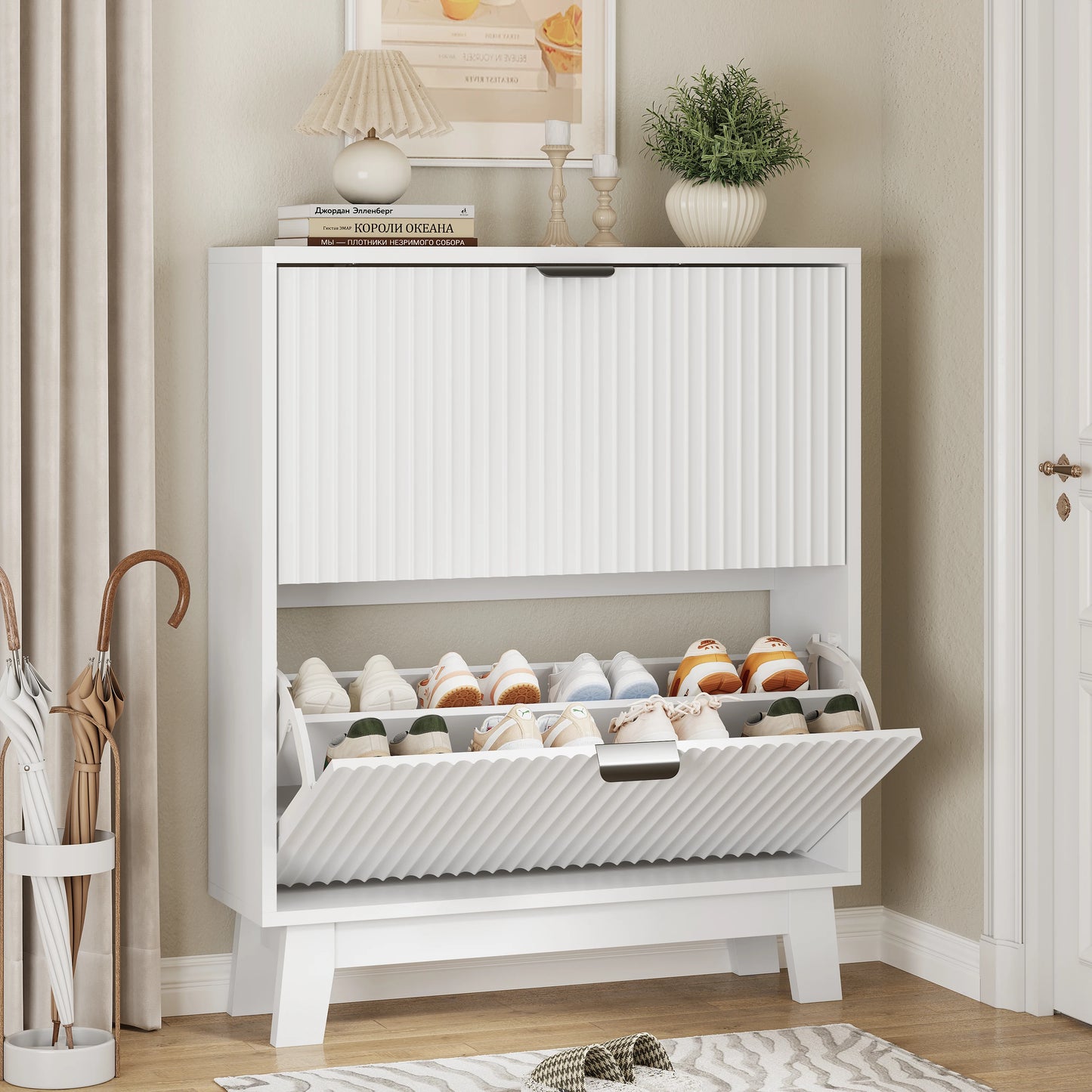 Modern Narrow Wooden Shoe Cabinet Two Flip Drawers Entryway Organizer