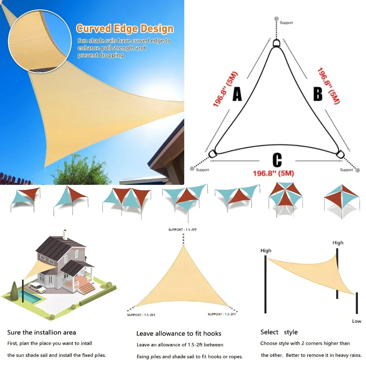 Triangle Sun Shade Sail UV Protection Waterproof Outdoor Patio Shelter