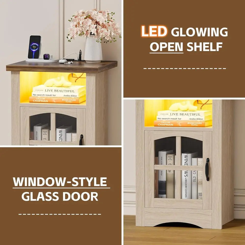 LED Shelf End Table Glass Door Charging Station Nightstand