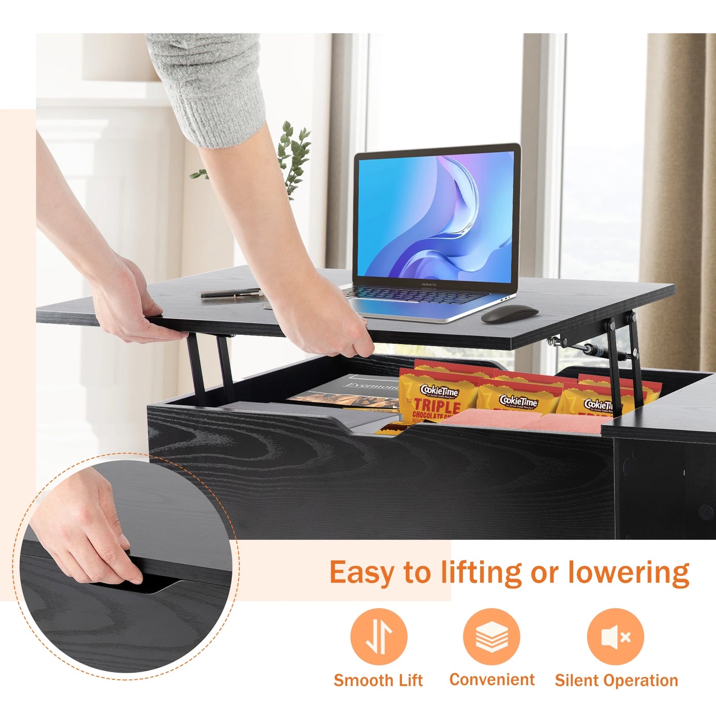 JHK Wood Lift Top Coffee Table Storage Shelf Living Room