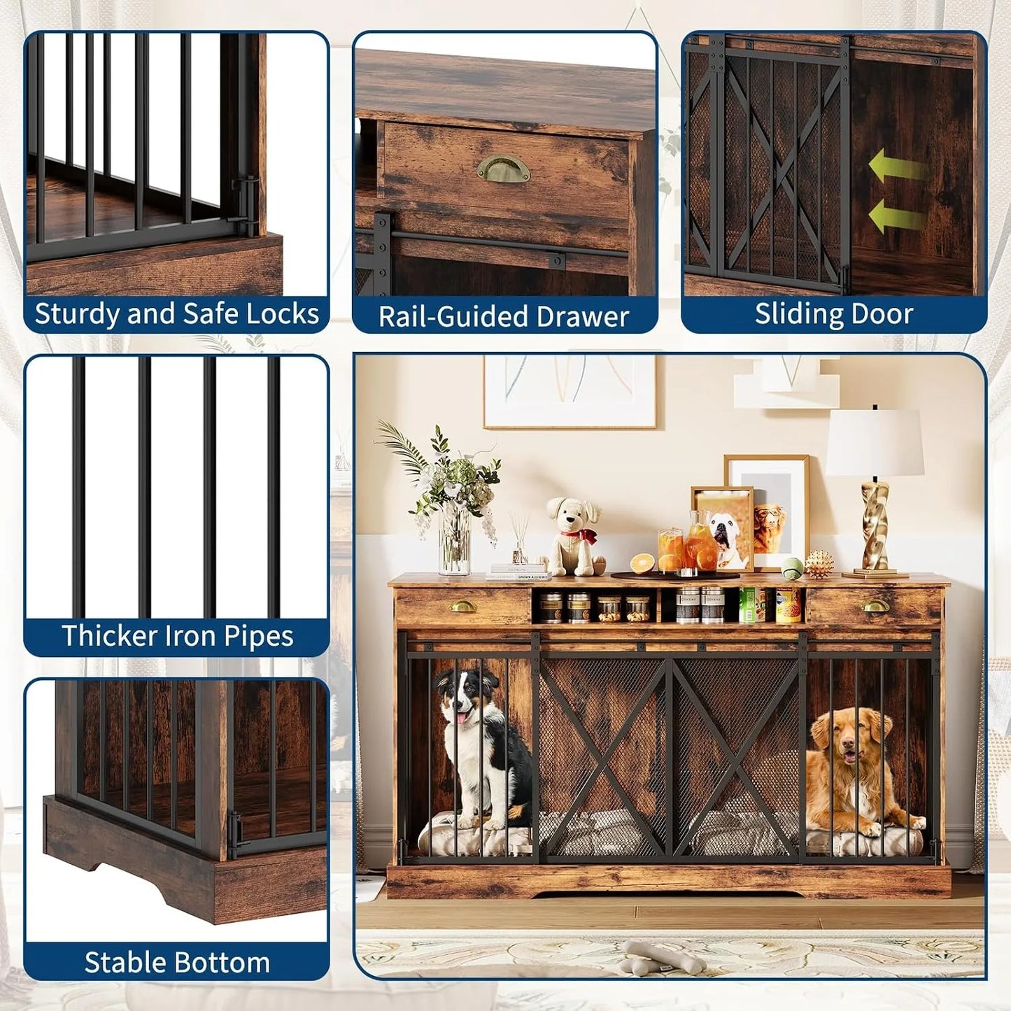 Large Wooden Double Dog Crate Furniture With Divider And Storage
