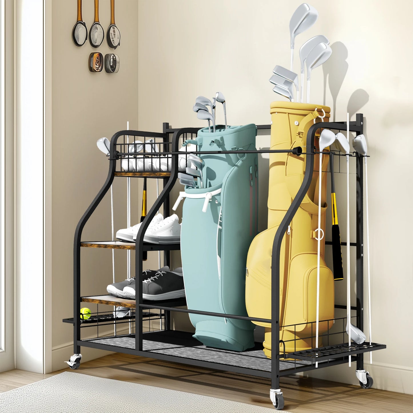 Multifunctional Metal Rolling Golf Bag Storage Shelf With Wheels