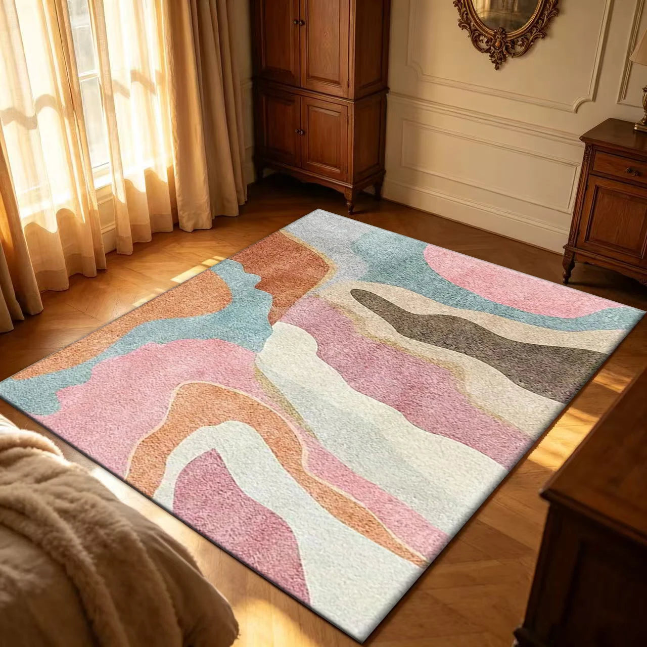 Classic Polyester Abstract Wave Area Rug With Rubber Backing