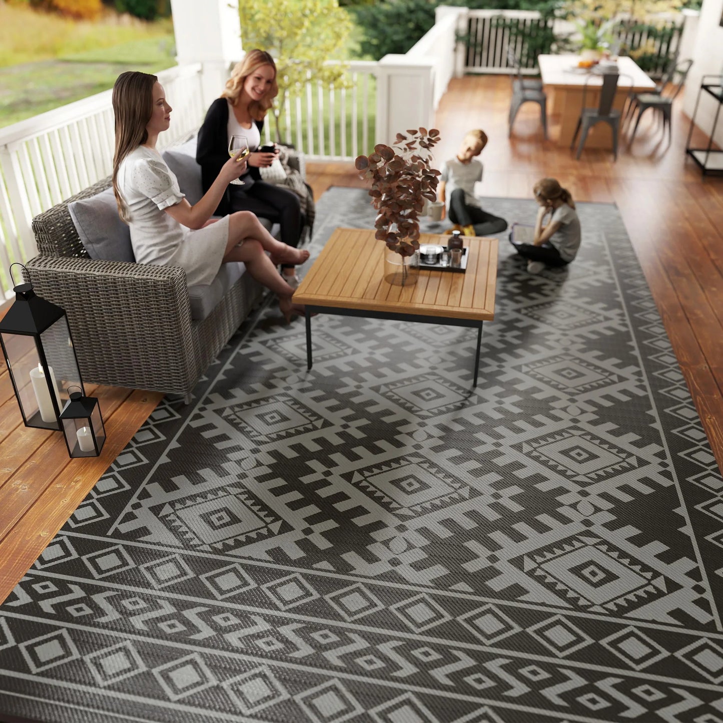 Modern Geometric Outdoor Polypropylene Floor Mat With Rhombus Border