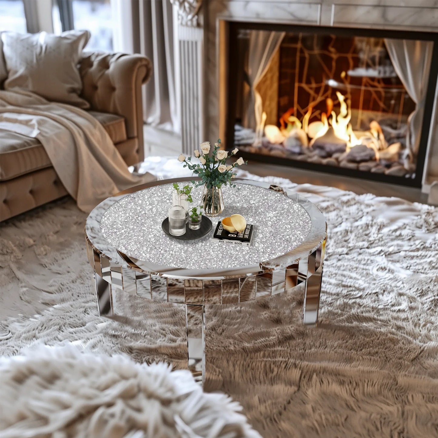 Mirrored Crystal Inlay Coffee Table Modern Round Glass Living Room