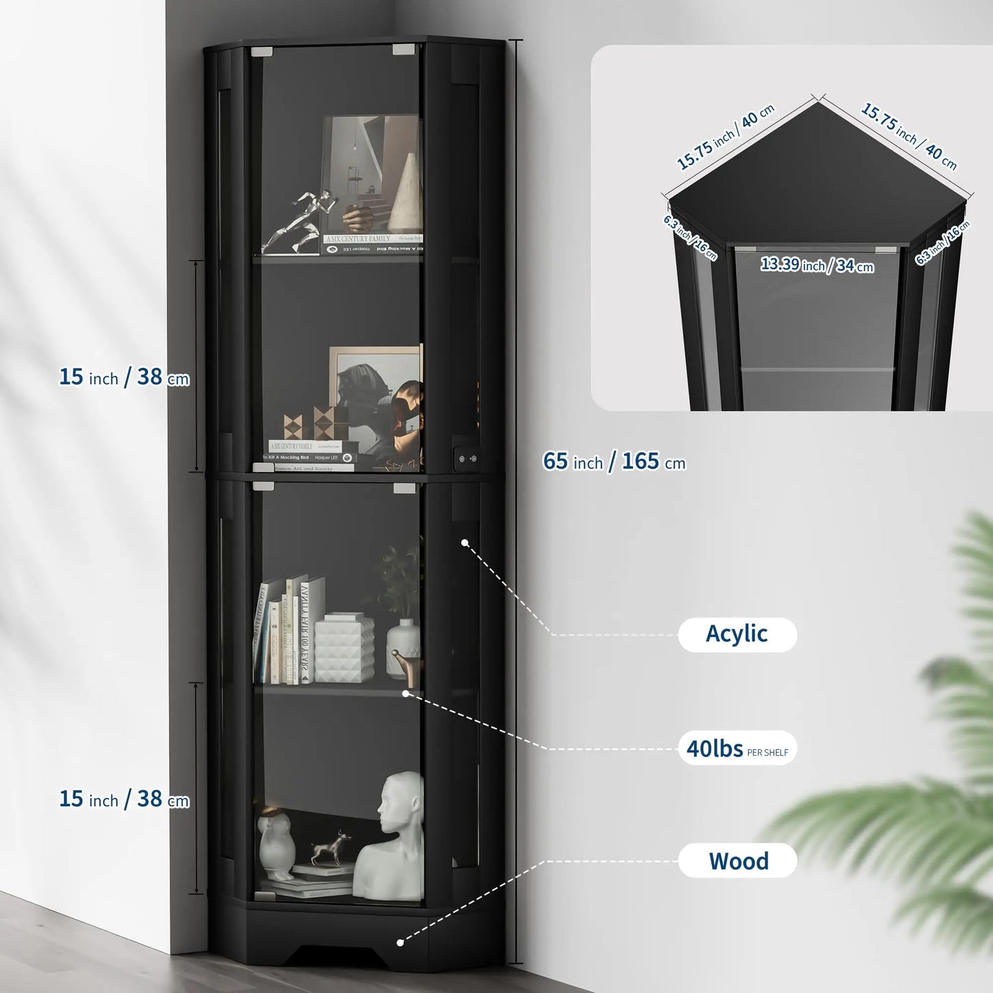 HiMISS Modern Glass Corner Display Cabinet With Lighted Shelves