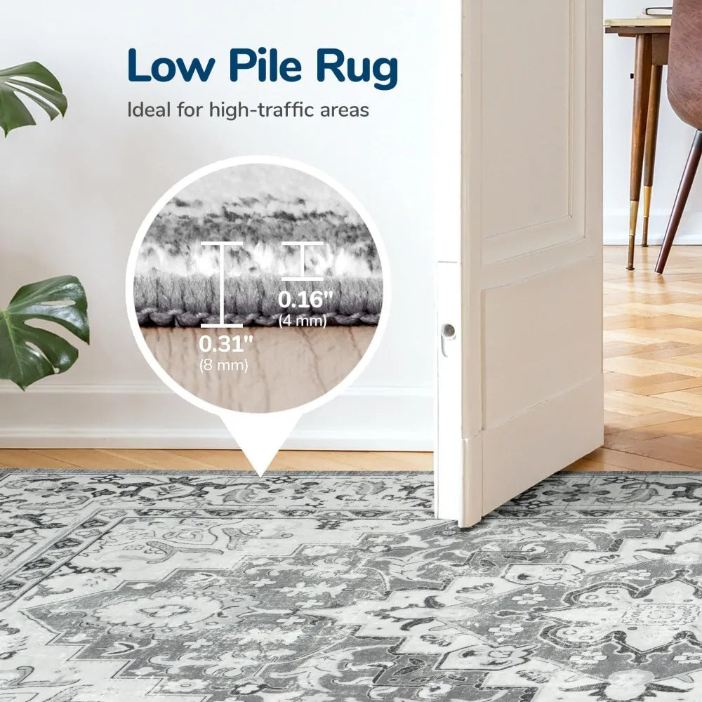 Floral Medallion Nylon Washable Area Rug With Non Slip Backing