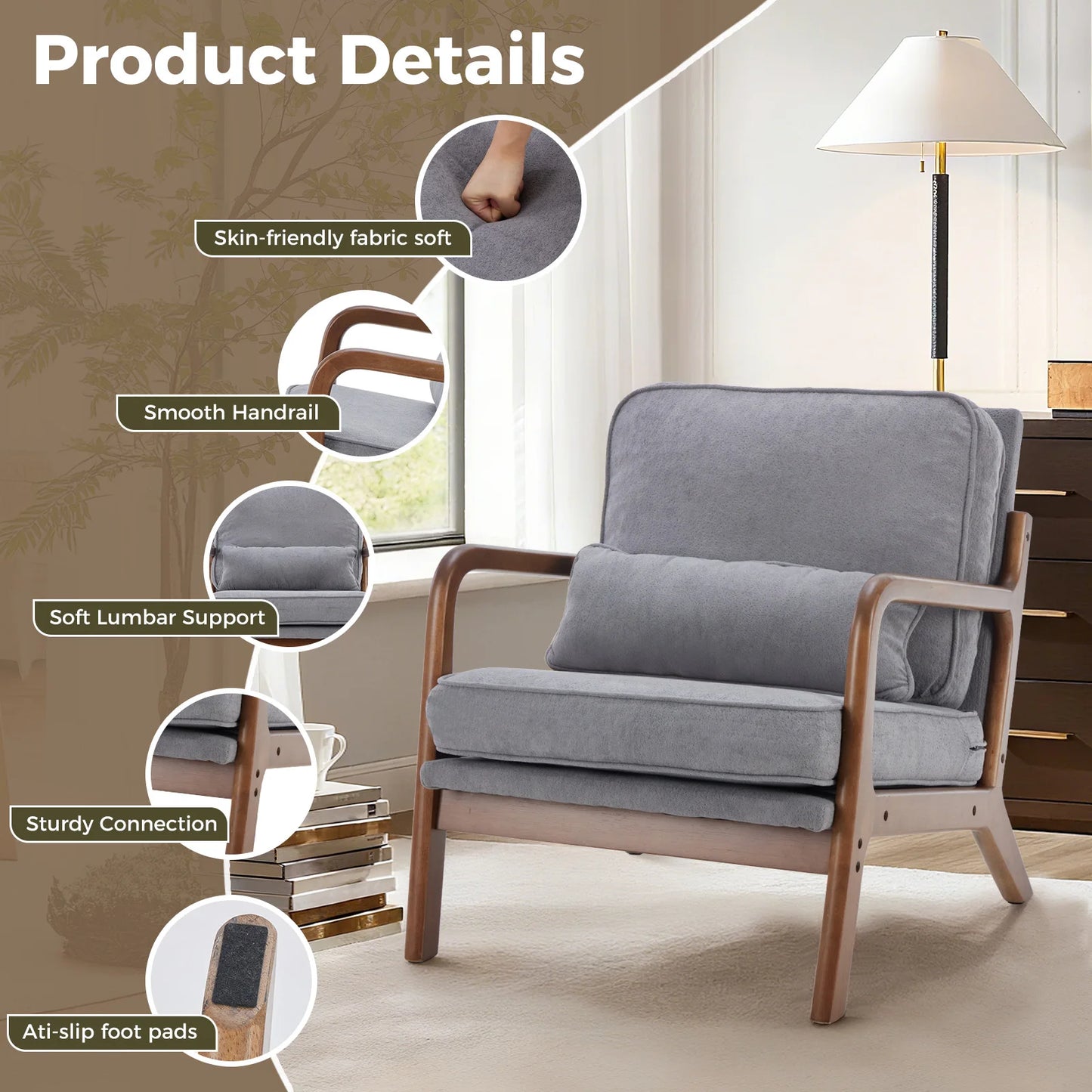 JHK Mid Century Modern Solid Wood Armchair With Upholstered Cushion
