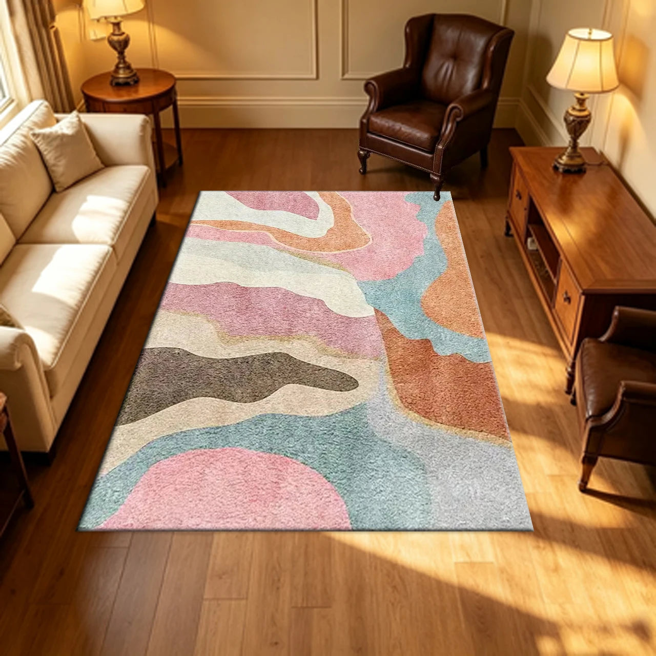 Classic Polyester Abstract Wave Area Rug With Rubber Backing