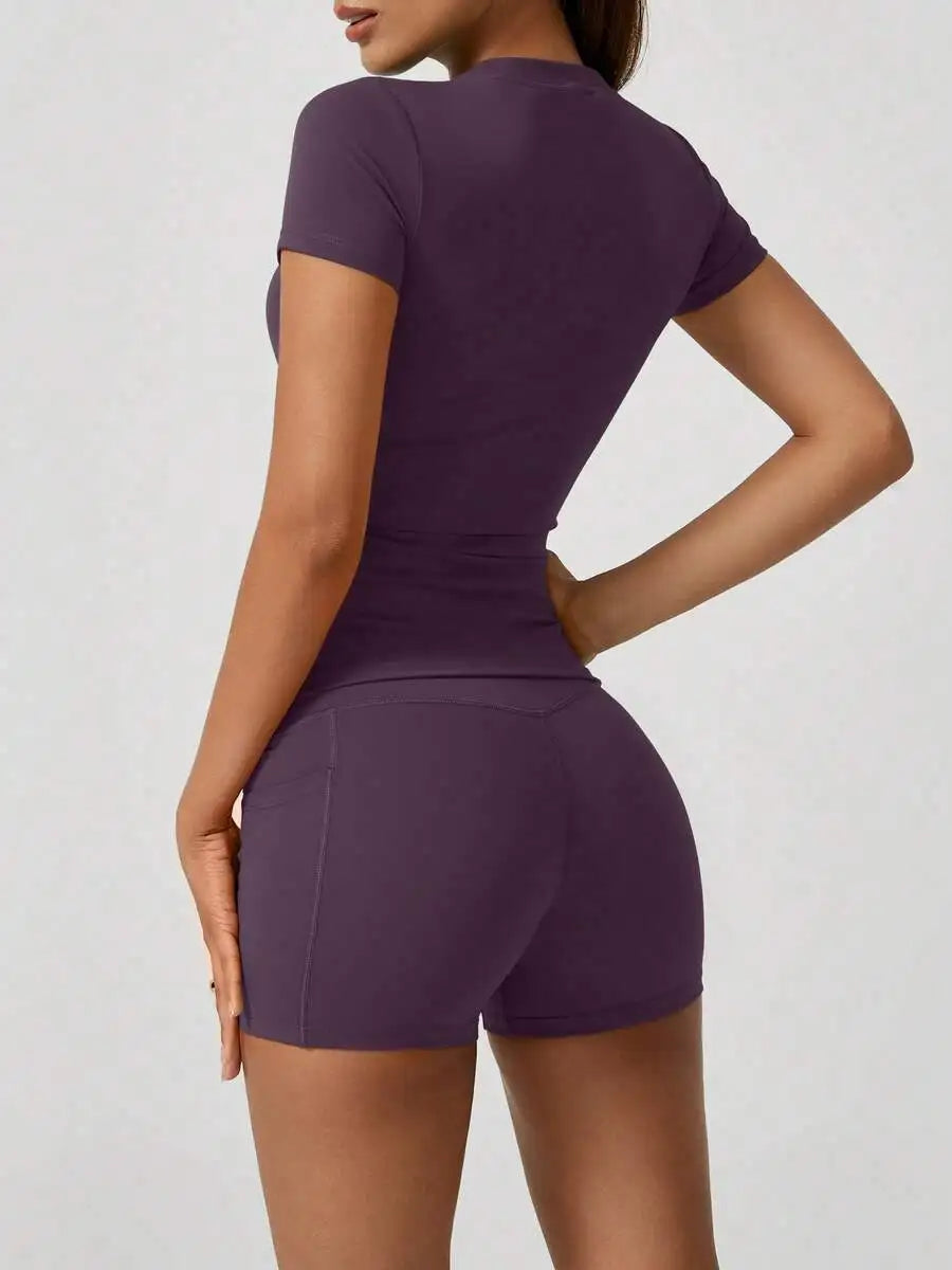 Women's Seamless Yellow Yoga Shorts Set With High Waist