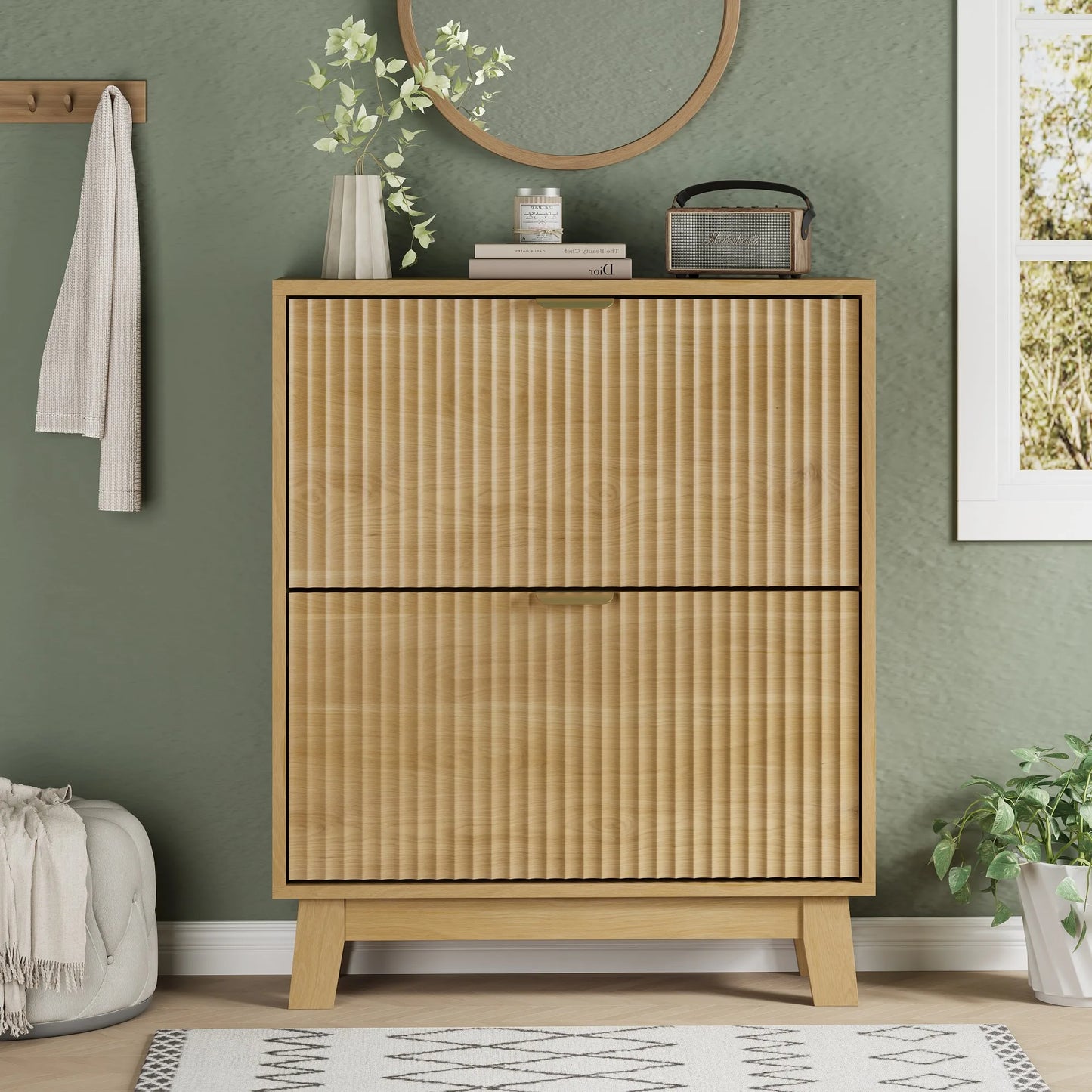 Modern Narrow Wooden Shoe Cabinet Two Flip Drawers Entryway Organizer