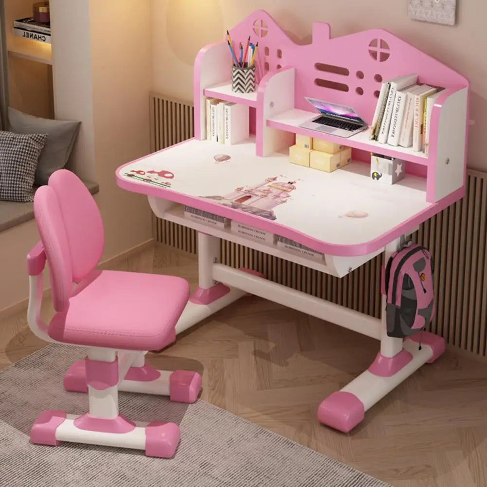 Kids Study Desk Chair Set With Adjustable Height Storage