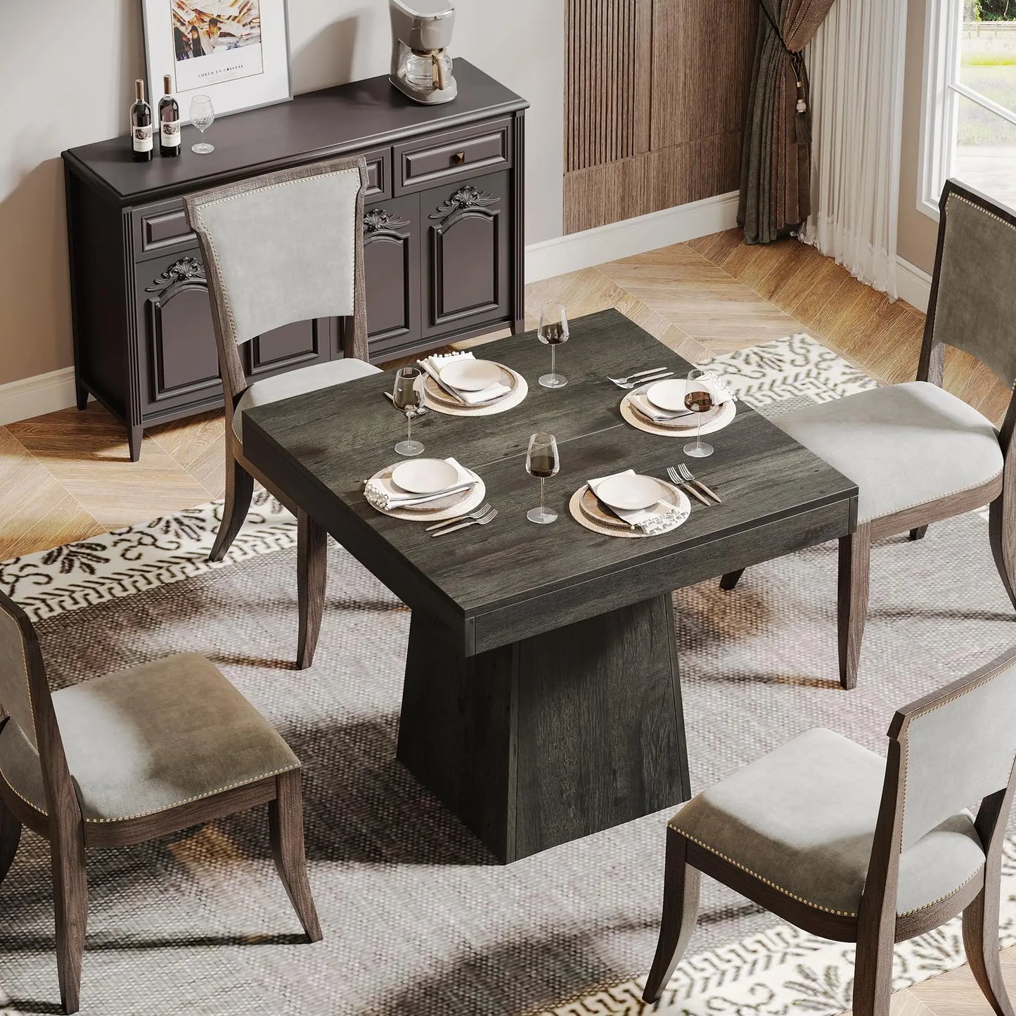 Tribesigns Square Dining Table For Four With Farmhouse Pedestal Base