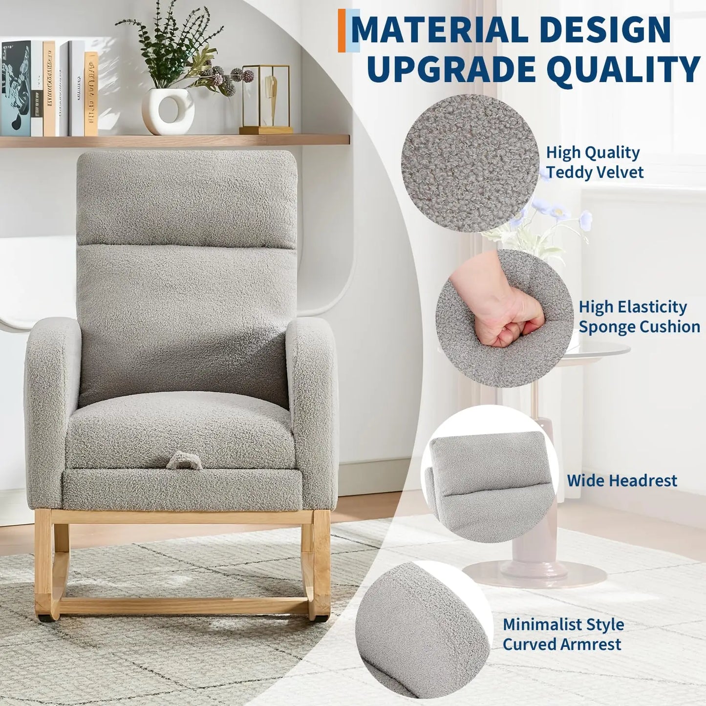Modern Teddy Upholstered Rocking Chair With Footrest And Side Pocket