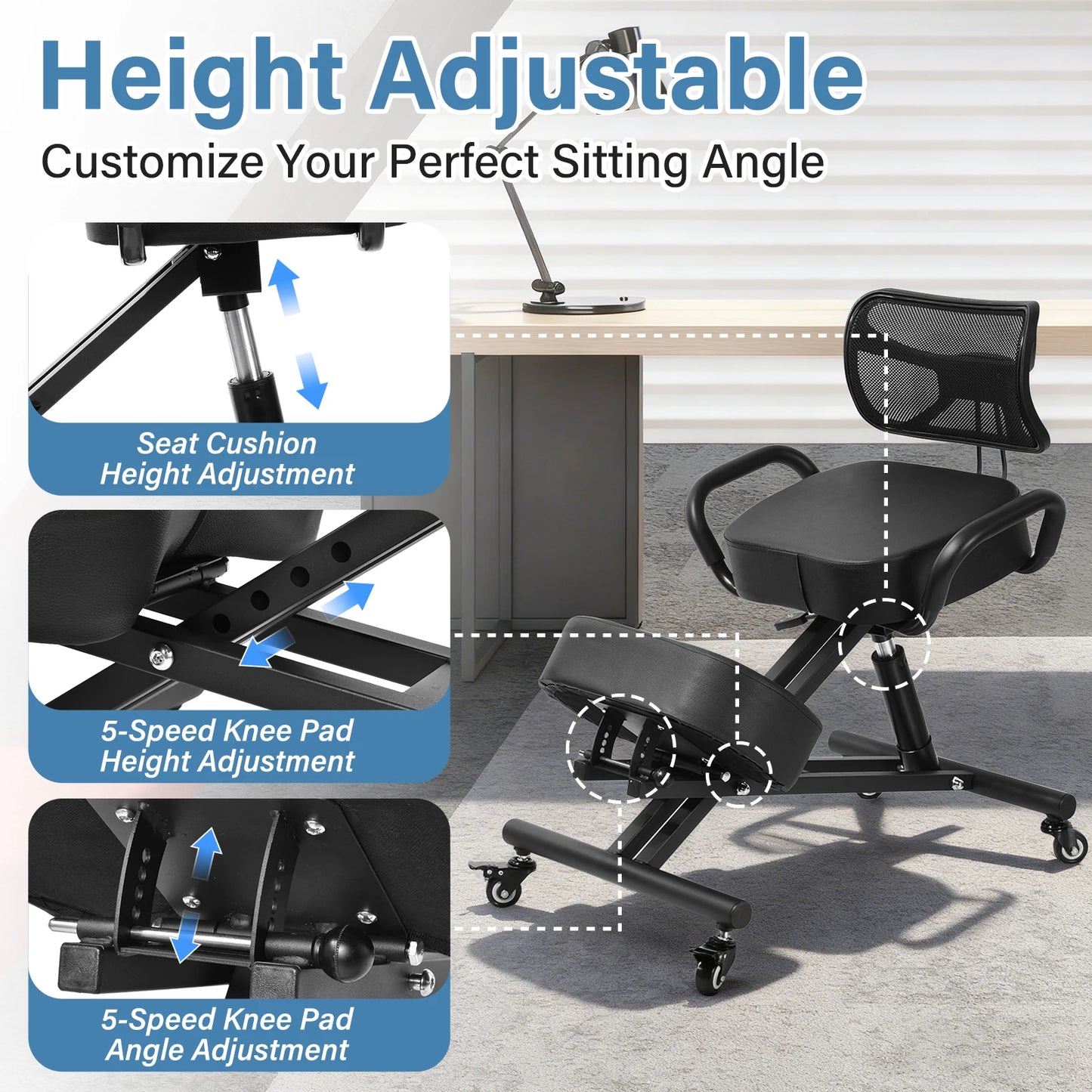 Ergonomic Kneeling Chair With Adjustable Backrest And Wheels For Workspaces