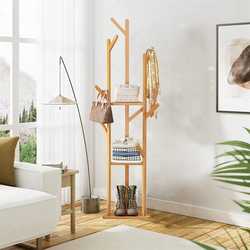 Wisfor Bamboo Corner Tree Coat Rack With Hooks And Shelves