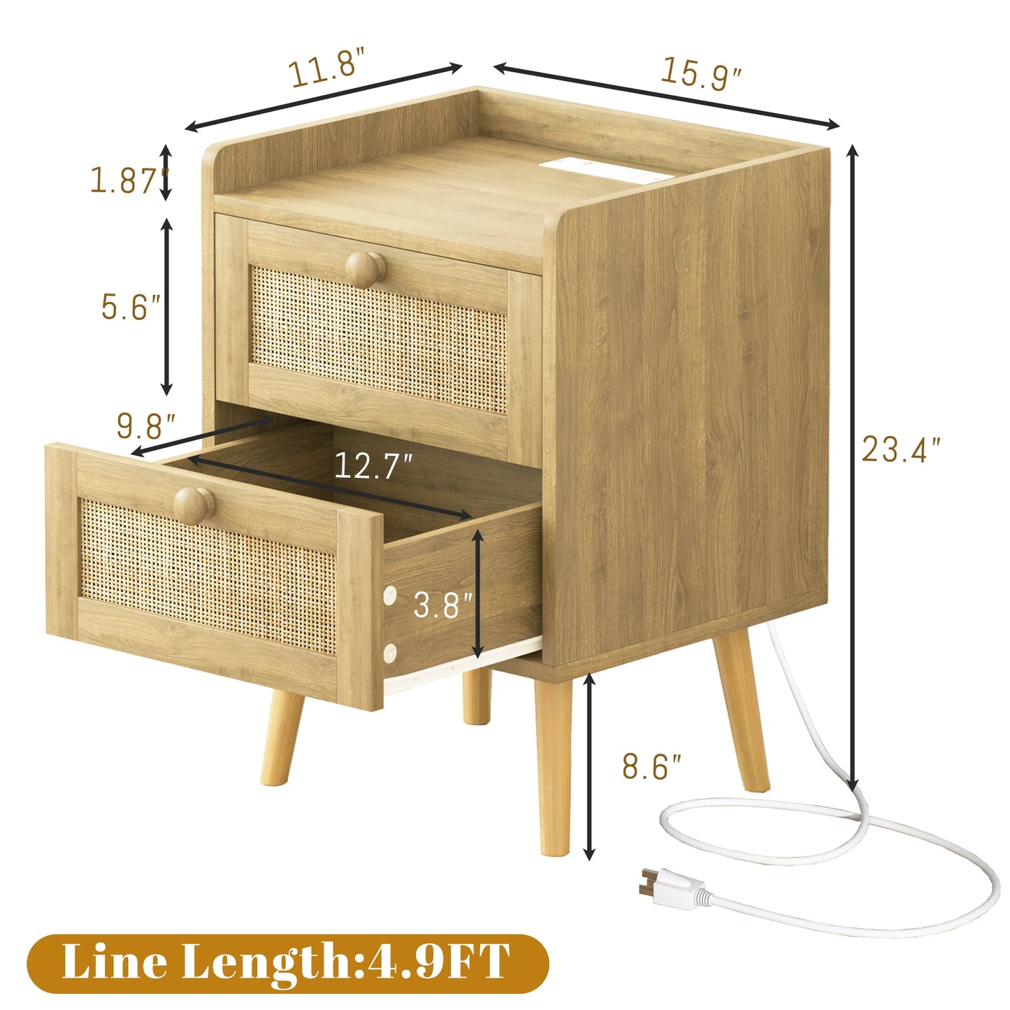 Rustic Rattan Nightstand With Charging Station And Drawers