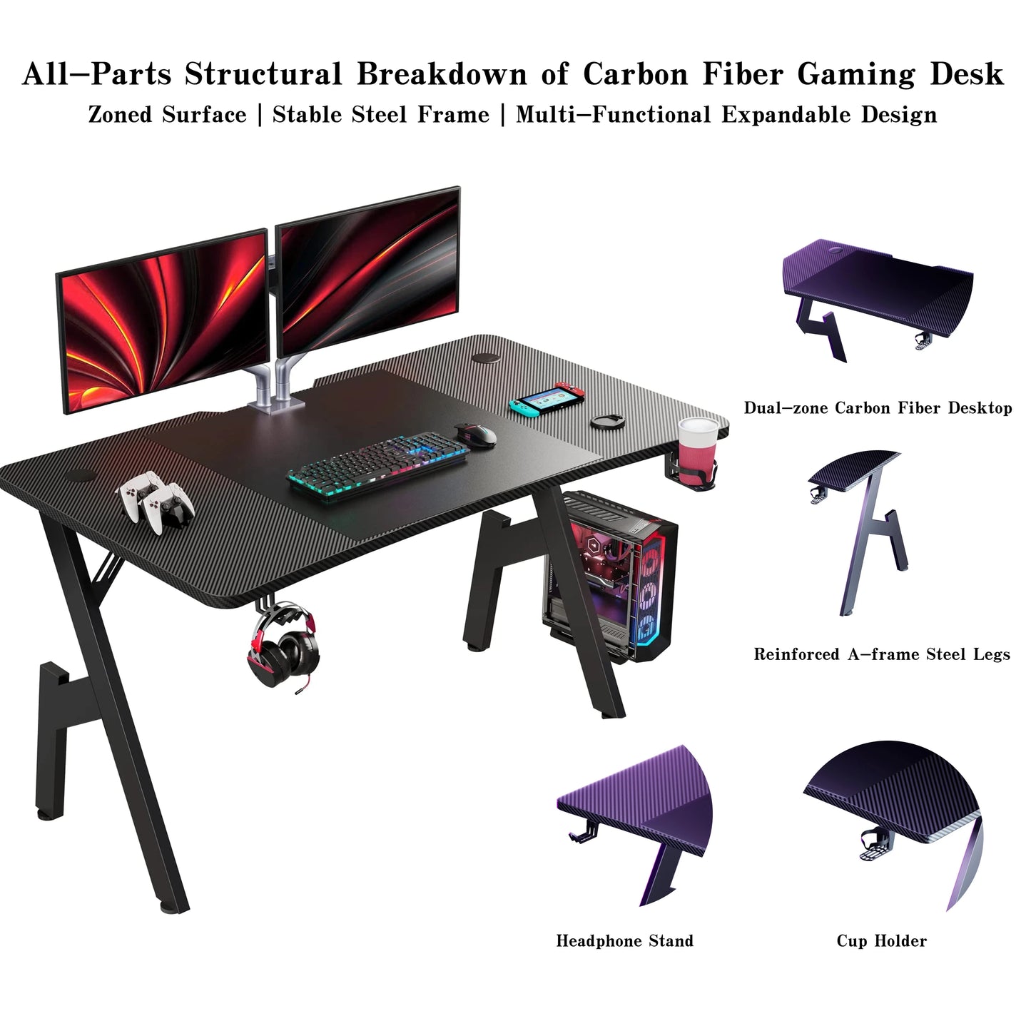 Nebmaax A-Shaped Carbon Fiber Gaming Desk With Easy Assembly