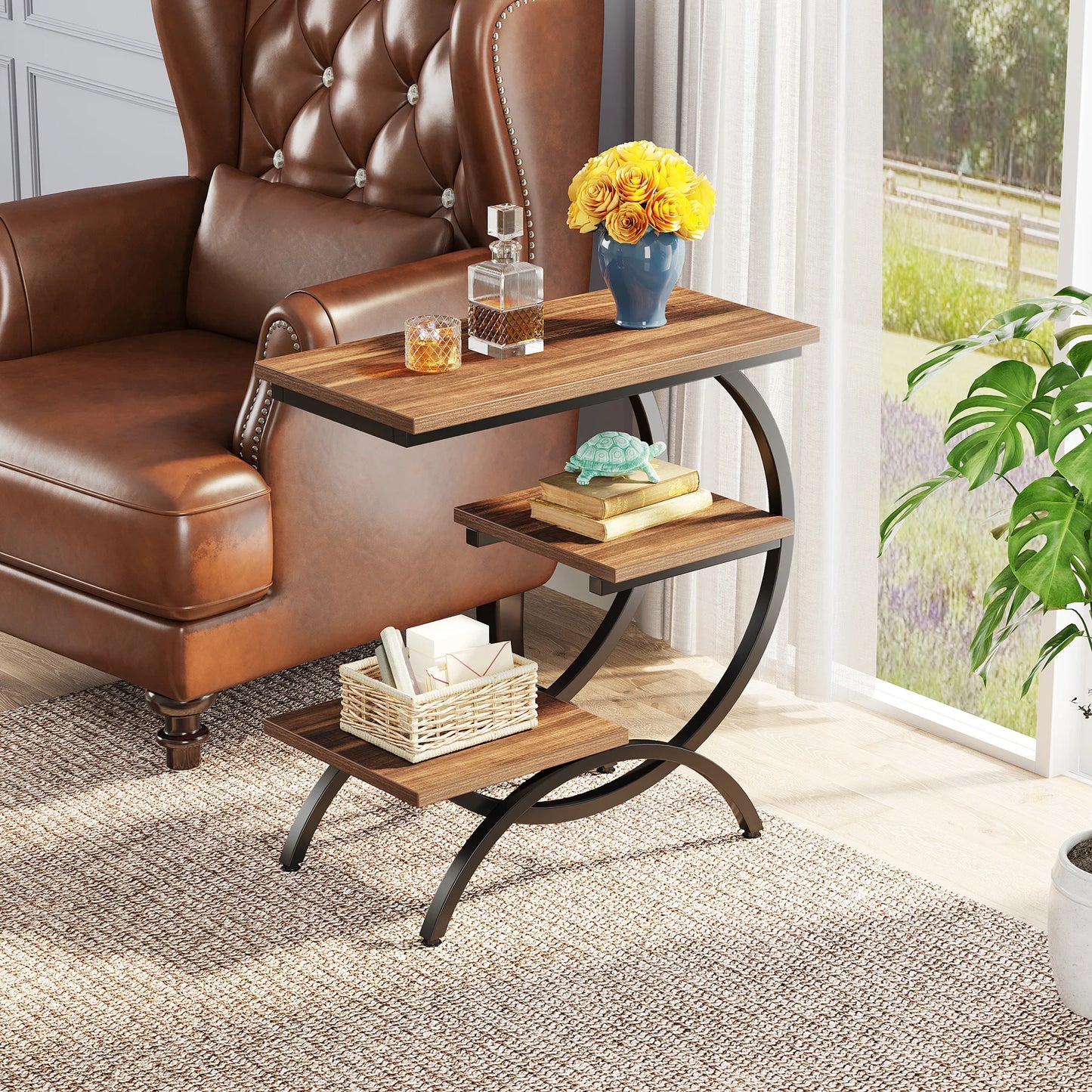 Tribesigns C Shaped End Table Industrial 3 Tier Storage Shelves
