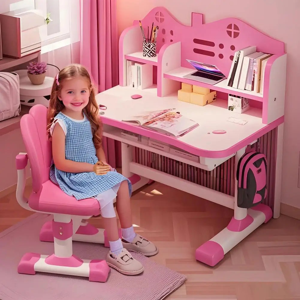 Kids Study Desk Chair Set With Adjustable Height Storage