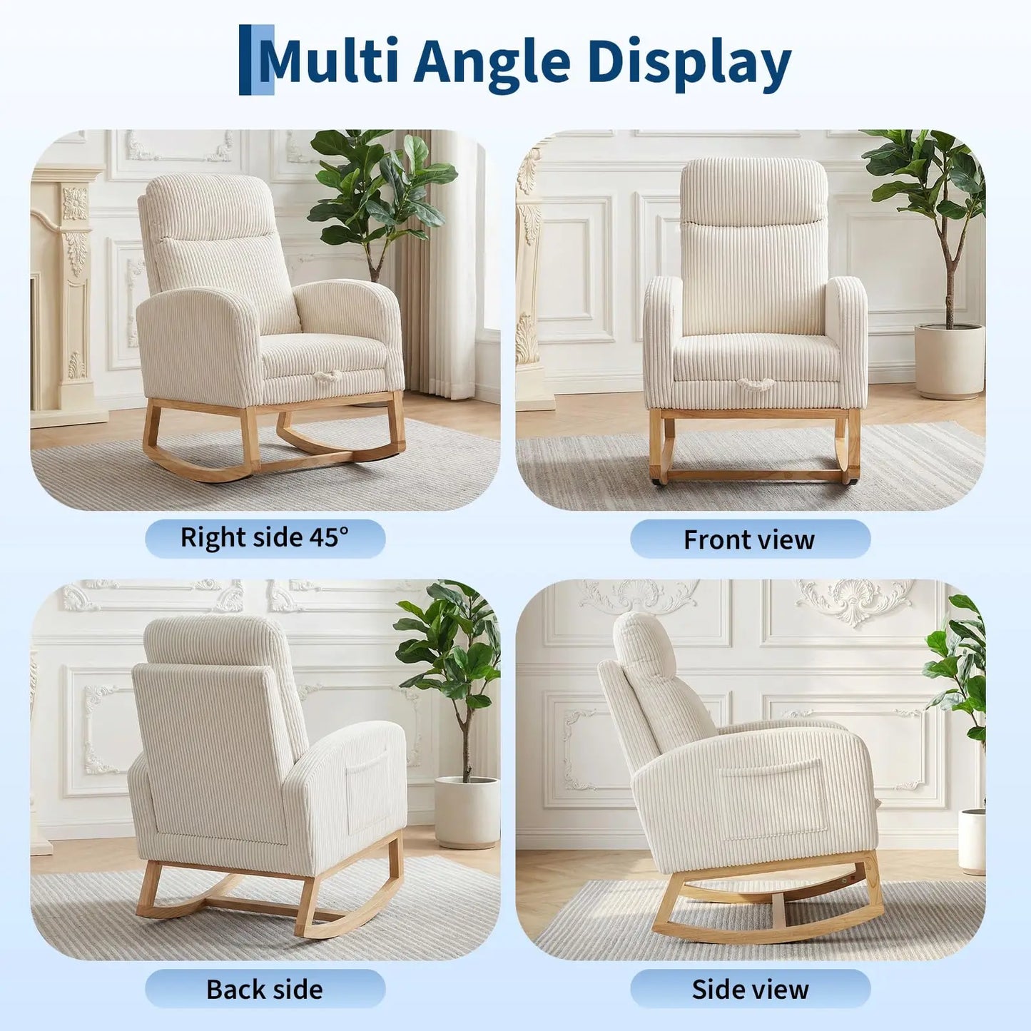 Corduroy Nursery Rocking Chair With Tufted Back And Wood Legs