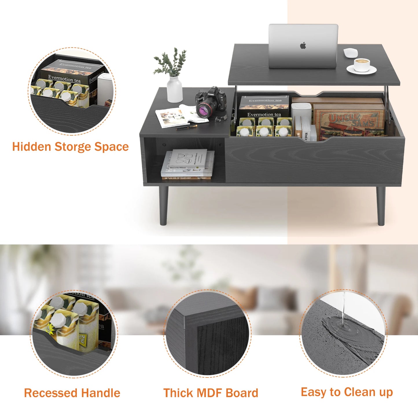 Jhk Modern Lift Top Wood Coffee Table With Storage Shelf