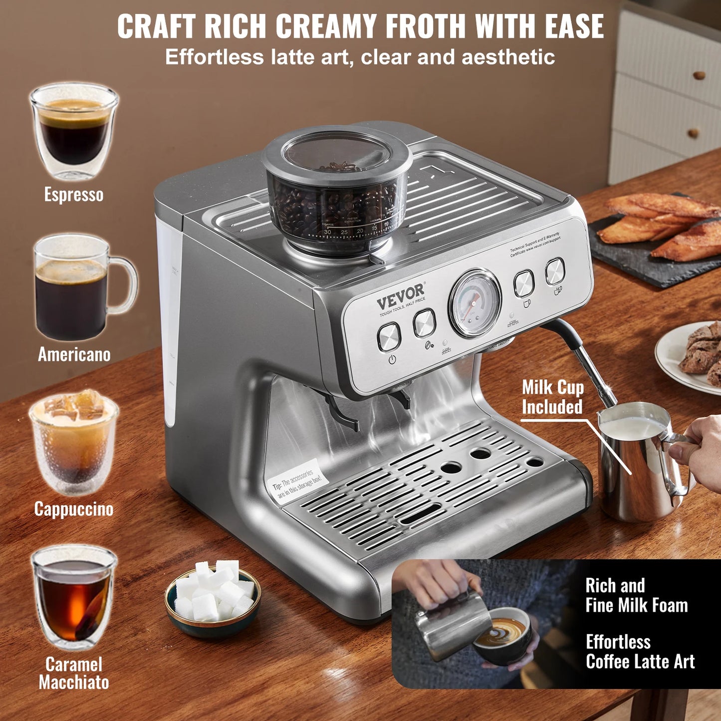 Vevor Semi Automatic Espresso Machine With Built In Grinder