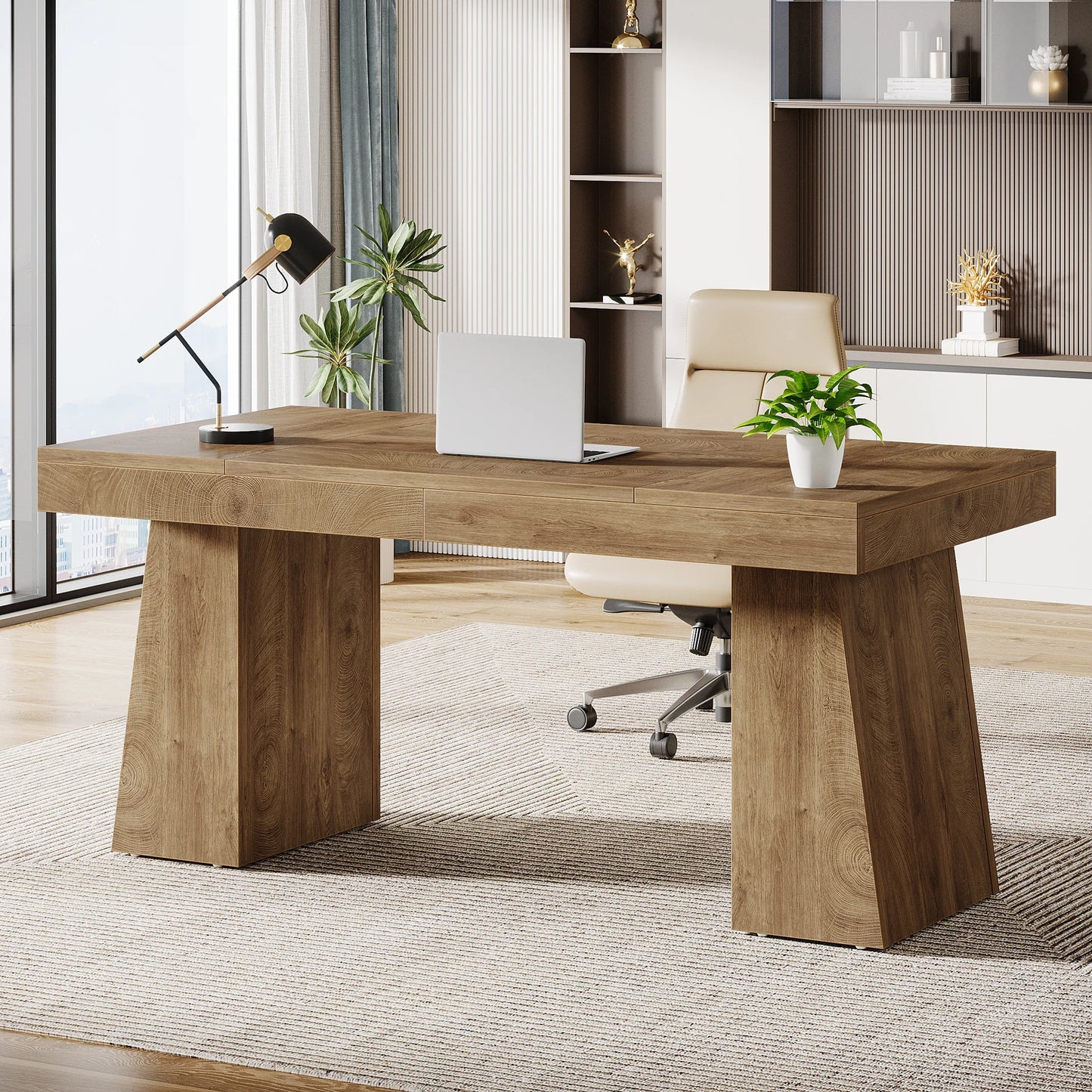 Tribesigns Executive Wood Office Computer Desk Dual Pedestal Modern Workstation