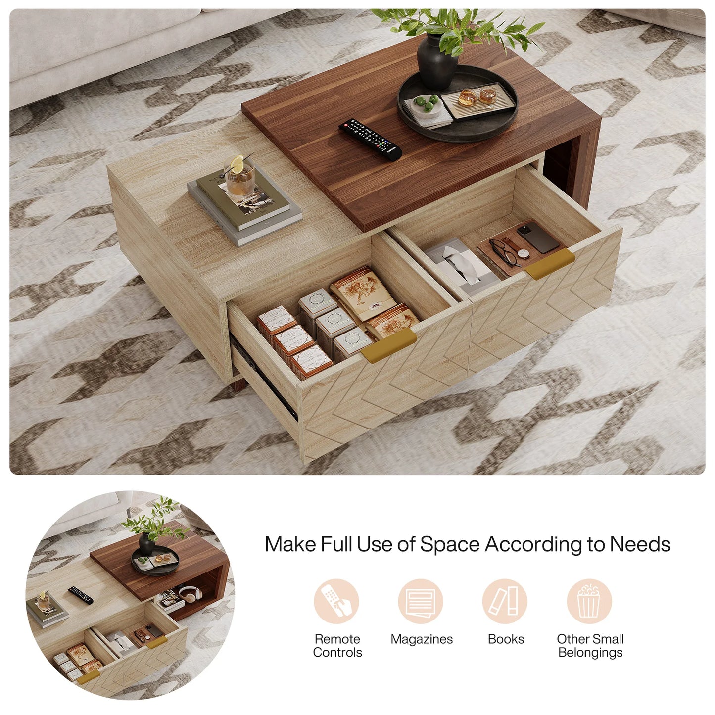 Tribesigns Extendable Wood Coffee Table With Storage Drawers